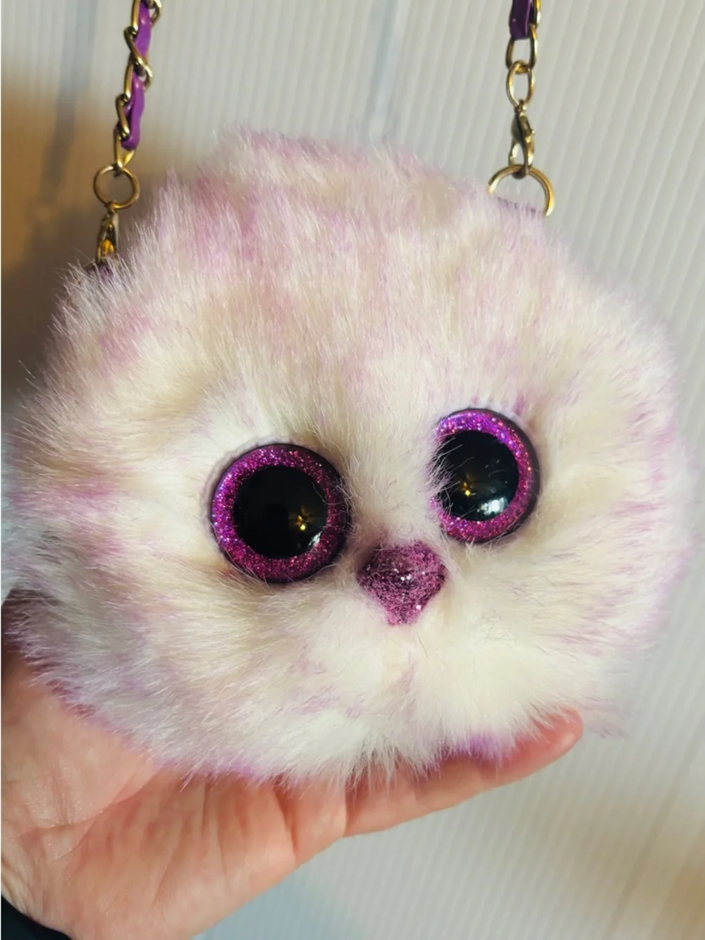 TY Plush Pink Faux Fur Crossbody Bag with Chain Strap
